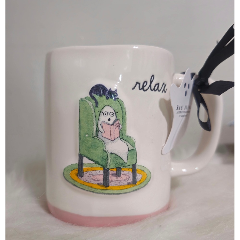Rae Dunn Relax Ghost Reading Black Cat Halloween Coffee Cup Mug NWT